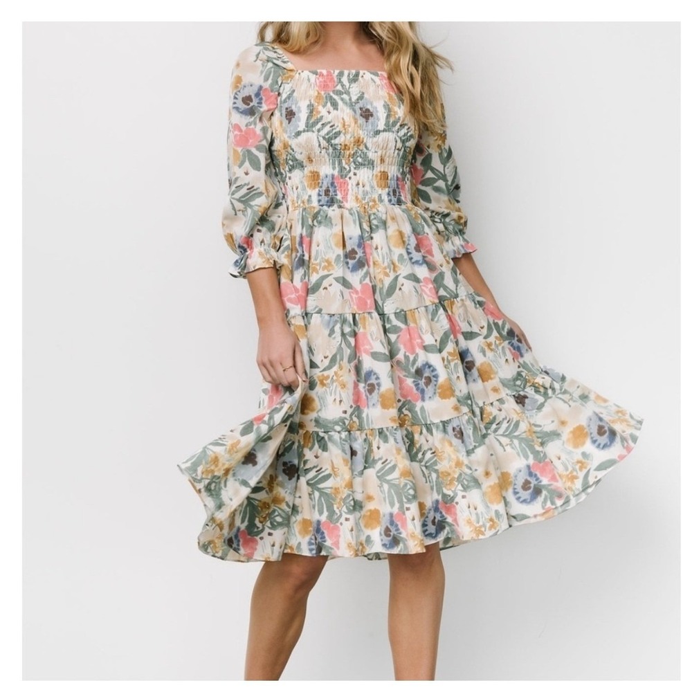 Baltic Born Marta Smocked Midi Dress XL Floral Tiered Square Neck Long Sleeve